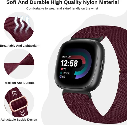 Miniatura 3 de Paquete de 4 correas elásticas de nailon, compatibles con Fitbit Versa 4/Fitbit Versa 3/Fitbit Sense 2/Fitbit Sense, correa ajustable suave