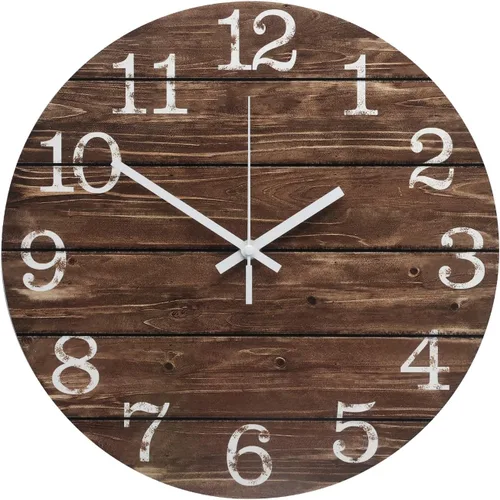 Reloj de pared de 12 pulgadas de imitación de madera, silencioso, sin tictac, para interiores, reloj redondo marrón decorativo, rústico,