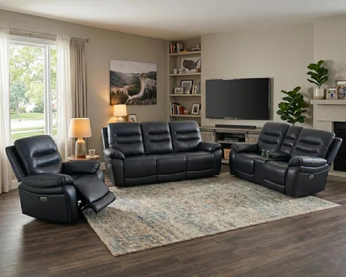 Miniatura 33 de Juego de 3 piezas para sala de estar, sofá reclinable eléctrico de cuero con puertos USB, iluminación LED y portavasos, asientos de cine en casa