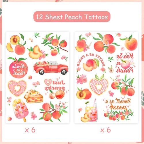 Miniatura 4 de Tatuajes temáticos de melocotón rosa, tatuajes temporales de frutas para decoraciones de fiesta de verano, simplemente decoración de melocotón