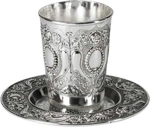 Miniatura 2 de Ner Mitzvah Kidush Taza y bandeja – Taza de vino niquelada de alta calidad – para Shabat y Havdalah – Judaica Shabbos y regalo de vacaciones