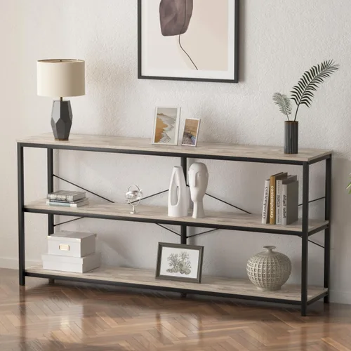 Miniatura 7 de Mesa consola industrial de 71 pulgadas detrás del sofá, mesa de sofá extra larga con estantes de almacenamiento de madera de 3 niveles, mesa de TV