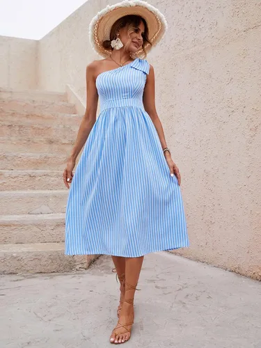 Miniatura 5 de ZJUAN Vestido con detalle de nudo de un hombro con rayas verticales para mujer