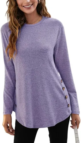 Miniatura 5 de Camiseta de manga larga de gran tamaño para mujer, con botones laterales, cuello redondo