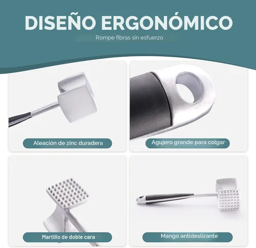 Miniatura 4 de KITEXPERT Martillo ablandador de carne con mango de agarre cómodo, mazo de doble cara para cocina, resistente para ablandar bistec, carne de res