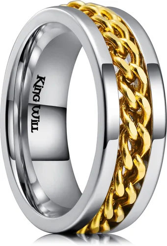 Miniatura 54 de King Will - Anillo antiestrés de acero inoxidable 316L para hombres y mujeres, con cadena decorativa giratoria, 8 mm de ancho, anillo de boda