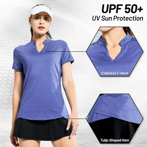 Miniatura 3 de MIER Polo de golf para mujer, sin cuello, UPF 50+, manga corta, para tenis, correr, cuello en V