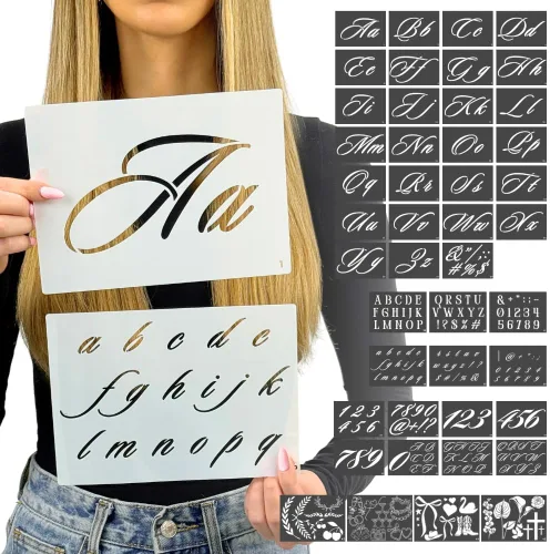 Miniatura 9 de Kit de plantillas para plantillas de caligrafía boutique, 45 piezas reutilizables, letras superiores, minúsculas, grandes y pequeños, números
