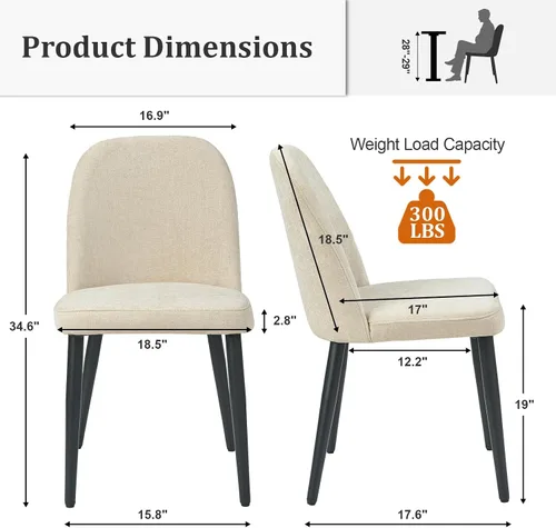 Miniatura 2 de Juego de 2 sillas de comedor tapizadas, sillas de comedor de tela moderna de mediados de siglo, sillas de cocina con asiento acolchado y patas
