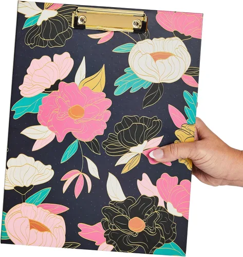 Miniatura 3 de Paper Junkie Carpeta portapapeles floral con bloc de notas y almacenamiento, 13 x 9 pulgadas, color negro clásico, clip de perfil bajo, bolsillo