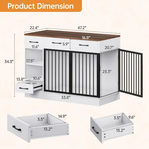 Miniatura 2 de Jaula para perros con comedero oculto y 3 cajones de almacenamiento - Jaula de madera para perros de 47.2" para interiores con estante ajustable