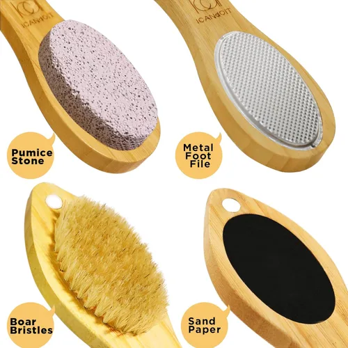 Miniatura 4 de ICDI ICANdOIT - Lima de bambú natural para pies, removedor de callos multiusos 4 en 1 pies, kit de pedicura con cepillo de cerdas de jabalí, piedra