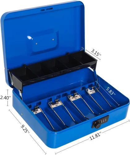 Miniatura 2 de Decaller Caja grande en voladizo con cerradura de combinación, caja de dinero de metal con 5 compartimentos para monedas y 4 clips para billetes
