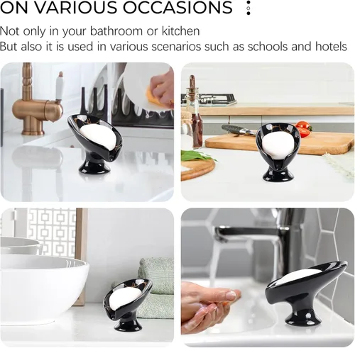 Miniatura 7 de Jabonera, Soporte de Jabón de Cerámica Autodrenante en Forma de Hoja para Jabón en Barra, Jabonera con Drenaje de Aspecto de Mármol Negro para Baño