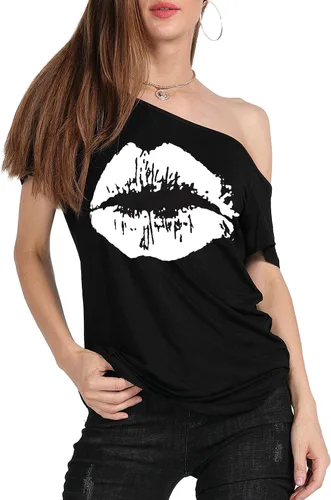 Miniatura 13 de MAGICMK - Camiseta casual para mujer, con estampado de labios y hombro descubierto, talla extragrande