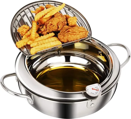 Olla para freír, 2 cuartos de galón/8.2 pulgadas, freidora pequeña de acero inoxidable 304, mini freidora con termómetro, tapa, escurridor de aceite