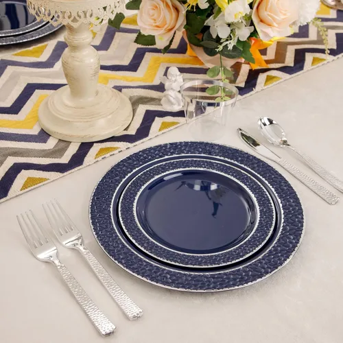 Miniatura 5 de Ciaell 150 platos de plástico azul y plateado – El plato desechable azul incluye 50 platos, 25 cuchillos, 25 tenedores, 25 cucharas, 25 tazas
