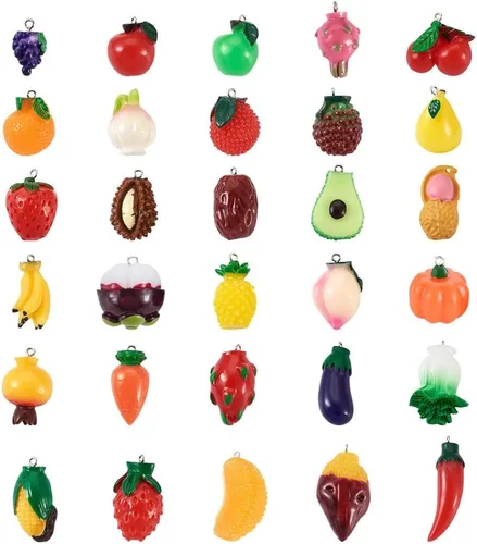 Miniatura 10 de Mega Pet 40 dijes de resina de frutas y verduras, fresa, piña, uva, cereza, resina, hongos, zanahoria, para bricolaje, collares, pulseras, aretes