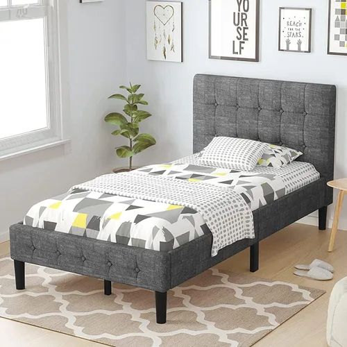 Miniatura 9 de Giantex Base de cama tapizada tamaño individual, cama de plataforma con cabecera capitoné con botones, base de colchón de soporte de listones