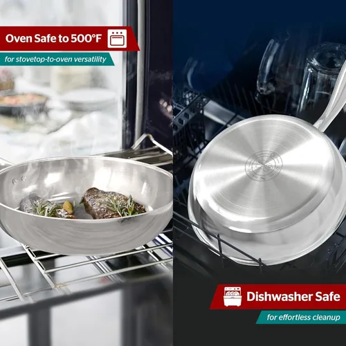 Miniatura 6 de Sunhouse Sartén de acero inoxidable 18/10 de 8 pulgadas, 3 capas revestidas sin revestimientos, sartén con mango Stay Cool, apto para horno