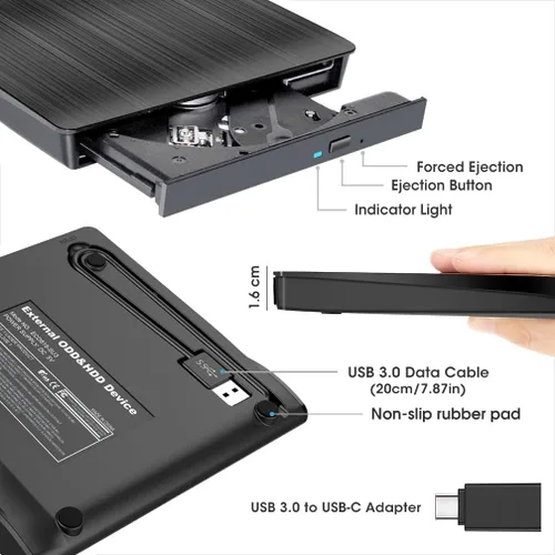 Miniatura 2 de Unidad de CD/DVD externa ROOFULL para portátil, USB 3.0, CD/DVD-ROM +/-RW, lector, reproductor, grabador, quemador, con estuche de transporte