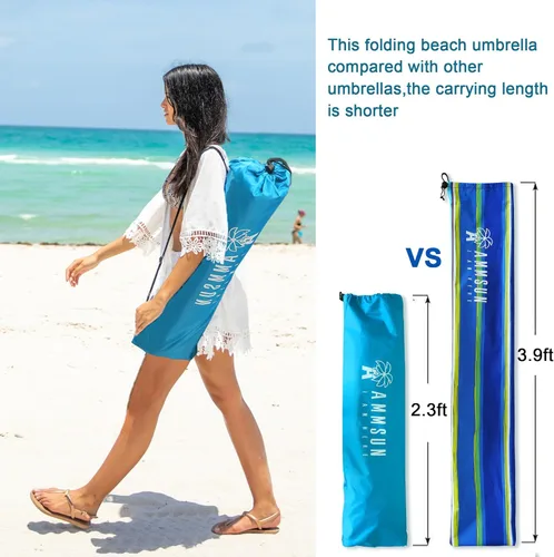 Miniatura 6 de AMMSUN - Sombrilla de playa portátil de 6.5 pies, plegable dos veces, con ancla de arena, poste inclinable a prueba de viento, ventilación de aire