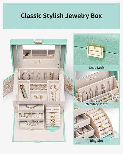 Miniatura 2 de Vlando Joyero organizador para niñas y mujeres, organizador de joyas barroco grande con espejo, 3 cajones para pulseras, aretes, anillos, collares