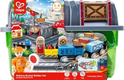 Miniatura 7 de Hape Conjunto Railway Bucket Builder Juguete de Tren de Madera Multicolor de 50 Piezas, Kit de Construcción para Niños