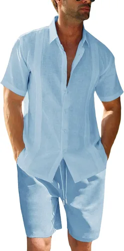 Fommykin Conjunto de ropa de lino para hombre, camisa y pantalones cortos de guayabera con botones, conjunto de 2 piezas para verano y playa