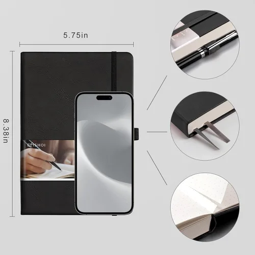 Miniatura 4 de EMSHOI - Cuaderno de puntos, 256 páginas A5, cuadrícula de puntos, papel grueso de 120gsm, 16 páginas perforadas, piel sintética suave, bolsillo