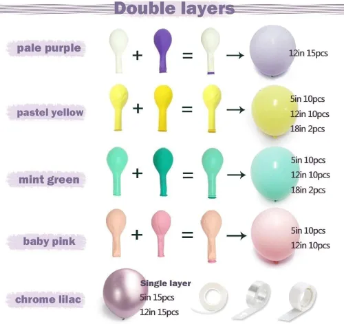 Miniatura 4 de Kit de arco de guirnalda de globos pastel de doble relleno, globos de color rosa bebé, morado, amarillo, verde, con látex lila metálico para baby