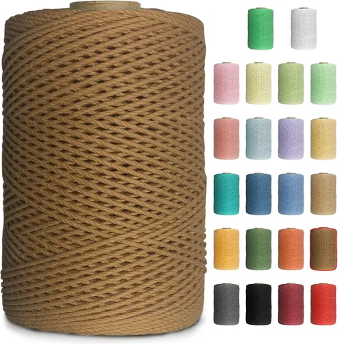 Miniatura 17 de Cuerda de macramé de colores de 0.039 in, cuerda de algodón de 656 pies, 3 hebras trenzadas, cuerda de algodón colorido para manualidades, Amarillo