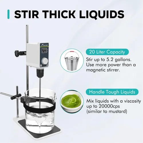 Miniatura 3 de LAB FISH Agitador de laboratorio Varilla de agitación y soporte de acero inoxidable Mezclador velocidad ajustable 100-1500RPM Capacidad 20L