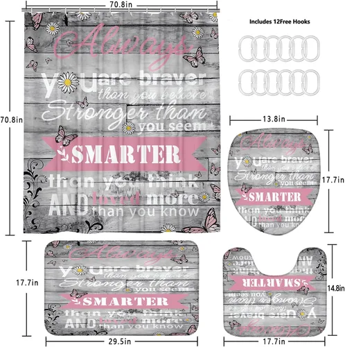 Miniatura 2 de AZHM 4 piezas Juegos de Cortinas de Ducha con Citas Inspiradoras con Alfombras, Juego de Decoración Floral de Baño con Cortina de Ducha y Alfombras