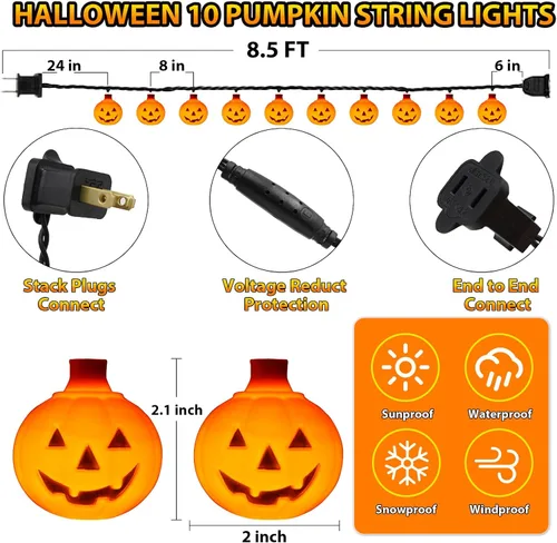Miniatura 2 de Couah Guirnalda de luces LED de calabaza de Halloween, luces de linterna Jack O de 8.5 pies con 10 calabazas enchufables, impermeables