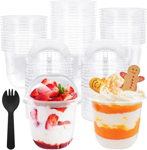 Panxxsen Paquete de 100 vasos de plástico transparente de 12 onzas con tapas de cúpula, tazas de yogur Parfait con cucharas, taza de plástico sin