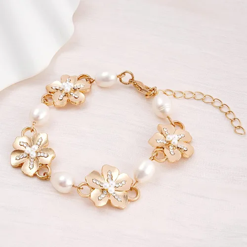 Miniatura 6 de Rosedate Pulsera de perlas para mujer, pulsera de perlas naturales, pulsera ajustable de oro, pulsera de flores doradas, pulsera de cadena delicada