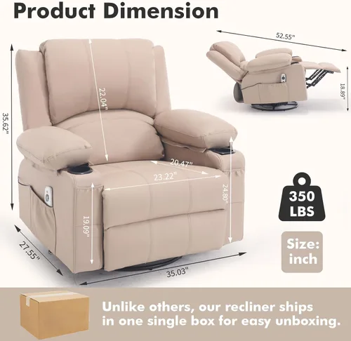 Miniatura 2 de Mecedora reclinable giratoria de piel sintética con portavasos para calor y masaje, silla mecedora con relleno, silla reclinable con calefacción
