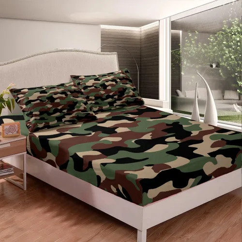 Miniatura 2 de Sábanas de camuflaje para niños, sábanas bajeras de camuflaje verde militar, juego de ropa de cama de camuflaje militar para niños, adolescentes