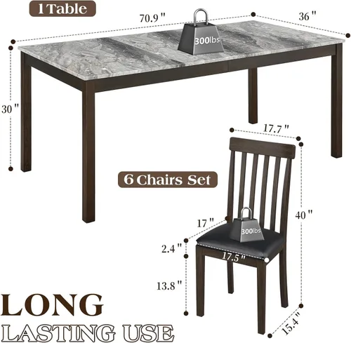 Miniatura 2 de LUXOAK Juego de mesa de comedor de madera maciza de 71 pulgadas, mesa de cocina de mármol sintético con 6 sillas, respaldos curvados y asientos