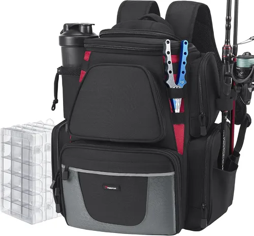 Piscifun Mochila de pesca con 2 soportes para caña y 4 cajas de aparejos, bolsa grande de almacenamiento de aparejos con cubierta de lluvia para