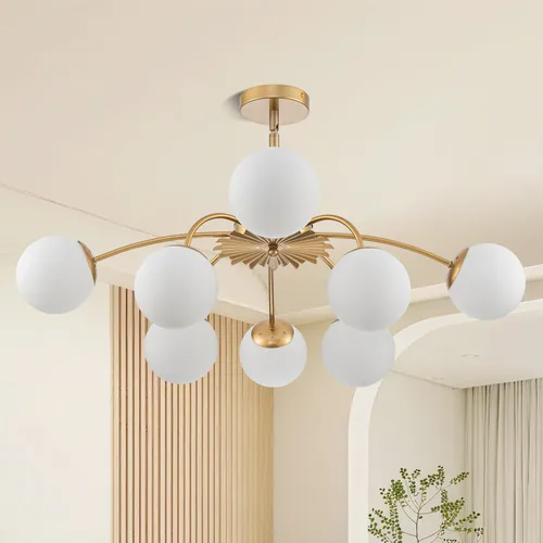 Miniatura 15 de Longree Sputnik - Lámpara de techo semiempotrada con forma de globo de vidrio de leche de 6 luces, color dorado, arte de mediados de siglo, moderna