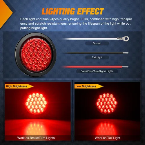 Miniatura 3 de Nilight Luz de faro trasero, redonda, 4 pulgadas, 2 piezas, 24 luces LED rojas, parada, freno, giro, ojales de montaje empotrado, impermeabilidad
