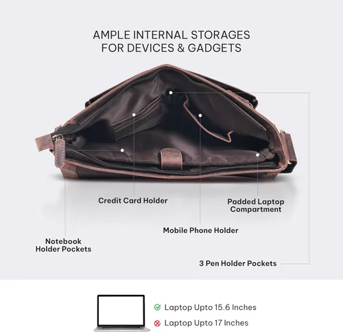 Miniatura 3 de VALENCHI Bolsa tipo mensajero de cuero de grano completo para laptop de 15.3 pulgadas para hombres y mujeres, compartimento acolchado para laptop