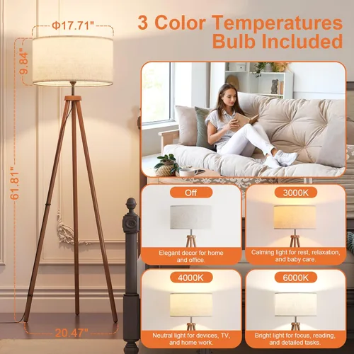 Miniatura 3 de LiteHistory Lámparas de pie de trípode de madera para sala de estar, dormitorio y oficina, lámpara de pie con pantalla de lino beige, bombilla