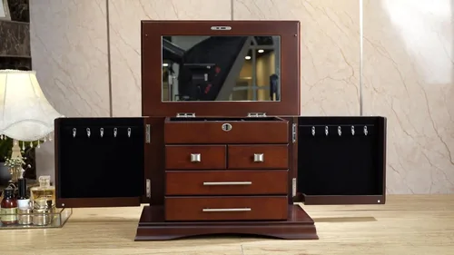 Miniatura 8 de Joyero grande con acabado de madera de caoba con espejo de cerradura hecho de francés