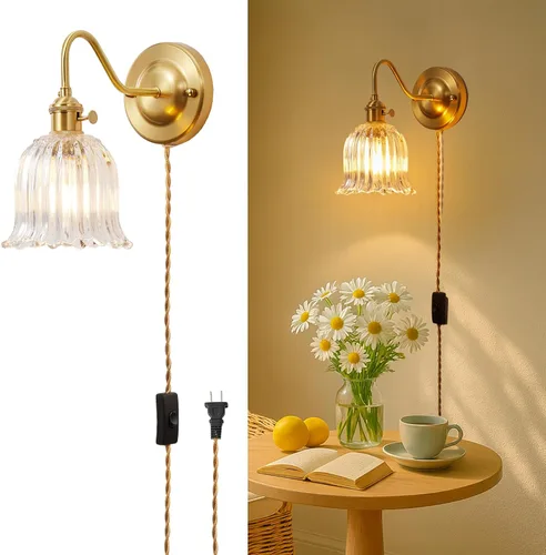 Elegante aplique de pared enchufable con pantalla de cristal transparente de flores, lámpara de pared de latón vintage con interruptor y cable