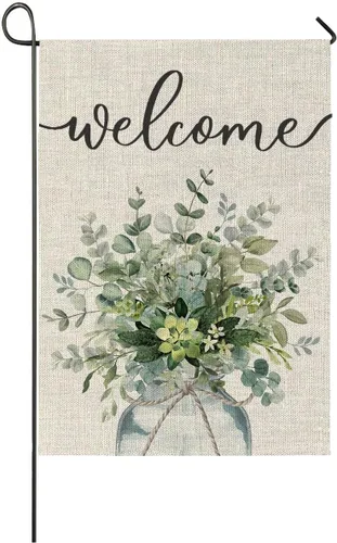 Bandera floral de bienvenida de verano para jardín, primavera y verano, hojas de eucalipto, bandera grande de doble cara, flores de temporada