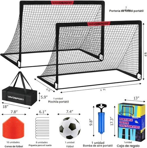 Miniatura 2 de VAVOSPORT Portería de fútbol, 2 porterías de fútbol para niños de 6 x 4 pies para patio trasero, red de fútbol portátil desplegable