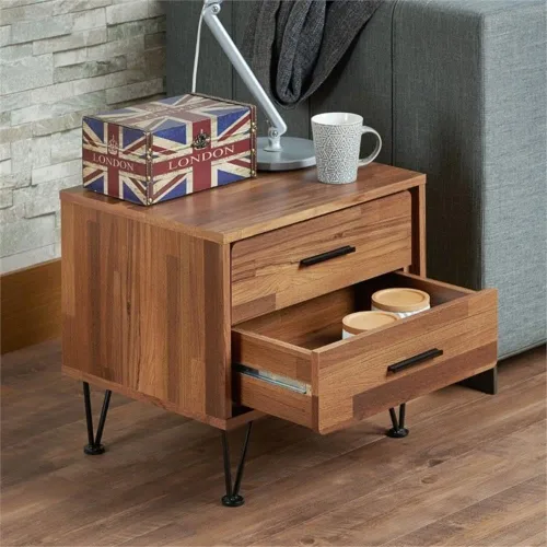 Miniatura 2 de Acme Deoss Mesita de noche rectangular de madera con 2 cajones con patas en forma de V en nogal